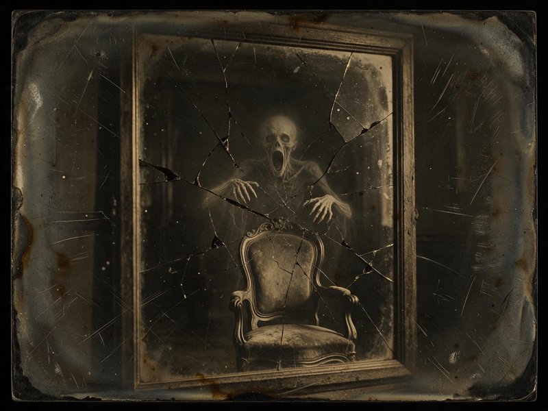 Screaming skeletal ghost looms behind an ornate chair viewed through a cracked aged mirror
