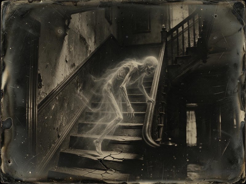 Translucent skeletal ghost climbs a crumbling wooden staircase inside a dilapidated old haunted home, rendered as a vintage