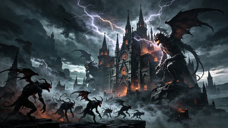 Winged demon horde advances on a glowing gothic cathedral beneath a stormy lightning-filled sky