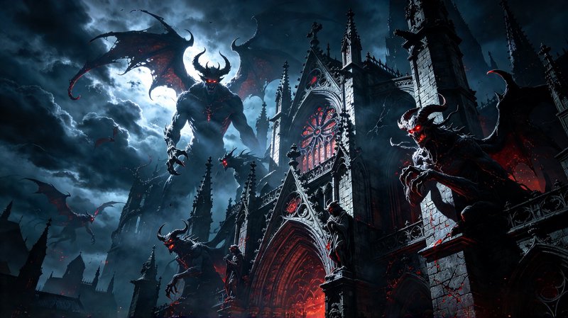 Towering horned winged demons loom over a gothic hell cathedral under a stormy moonlit sky