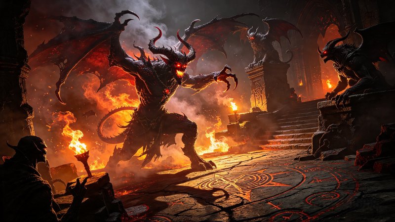 Winged horned demon with glowing red eyes looms over a summoning circle in a fiery gothic hell chamber