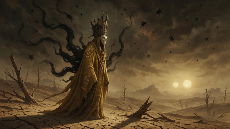 Hooded crowned masked eldritch king stands in a barren dead desert beneath a cloudy sky with twin suns