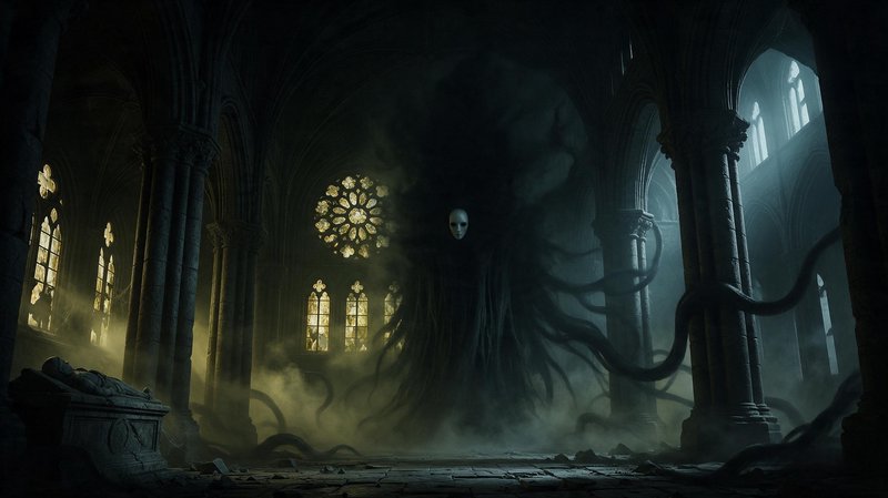 Tentacled masked supernatural entity looms in a foggy crumbling gothic cathedral
