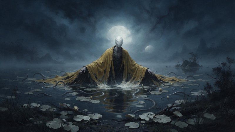 Faceless robed supernatural entity rising from a misty moonlit swamp dotted with lily pads