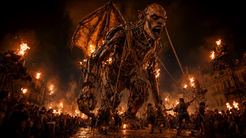 Towering rotting winged demon effigy is paraded through a torch-lit historic city square at night