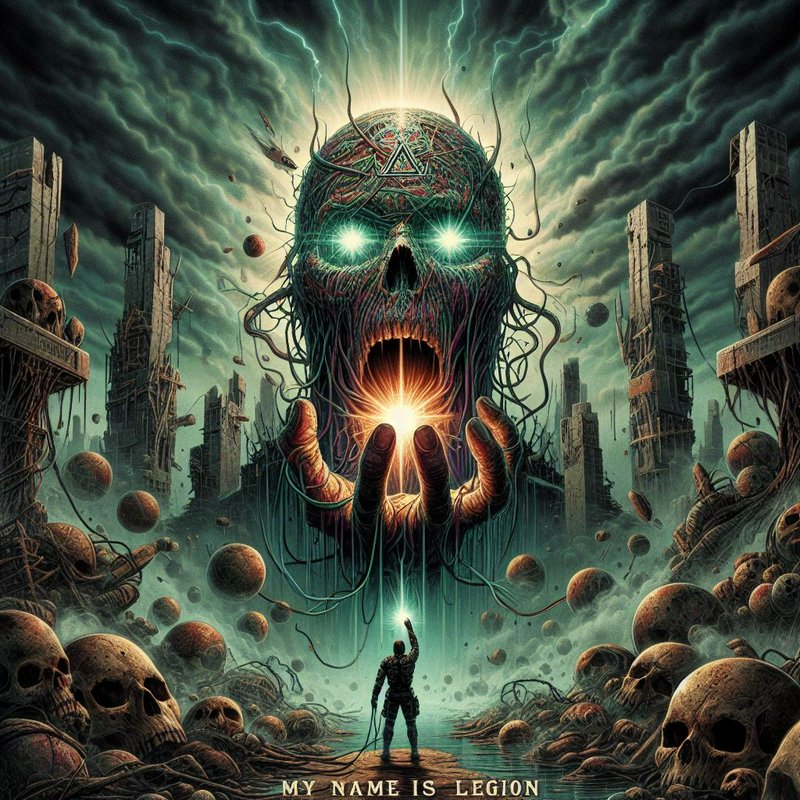 Colossal glowing skeletal entity looms over a lone human in a skull-strewn post-apocalyptic ruined city