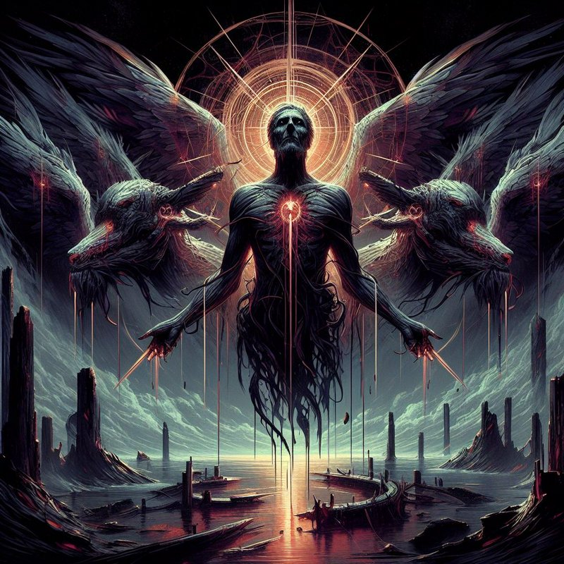 Dark surreal divine entity with glowing halo flanked by winged beasts floats above a ruined flooded apocalyptic landscape