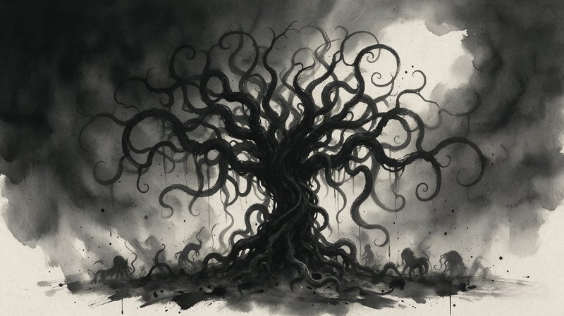 Moody ink wash illustration of a gnarled tentacled dark fantasy tree with shadowy surrounding creatures