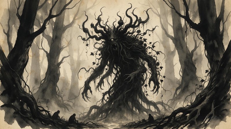 Twisted root forest monster looms over tiny human figures in a misty haunted woodland ink illustration