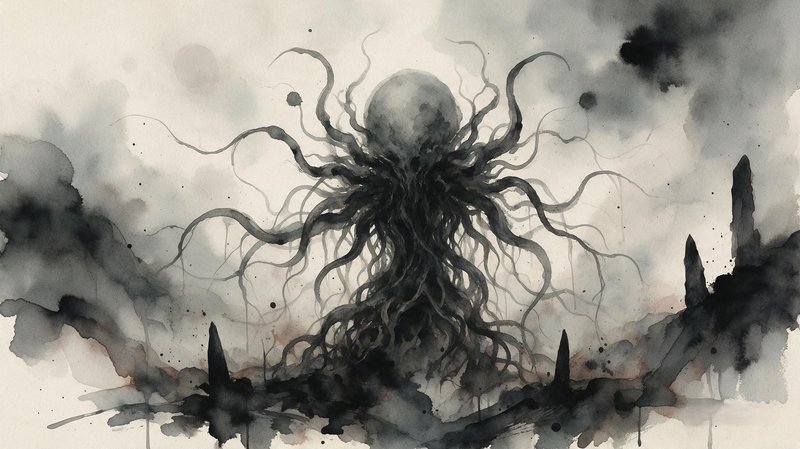Ink wash illustration of a towering tentacled eldritch horror looming over jagged stone ruins
