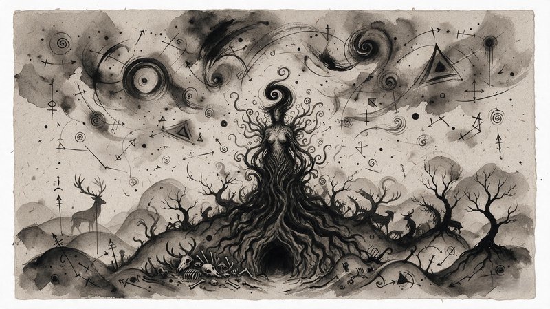 Surreal monochrome illustration of a dryad world tree surrounded by occult symbols, forest creatures and scattered bones