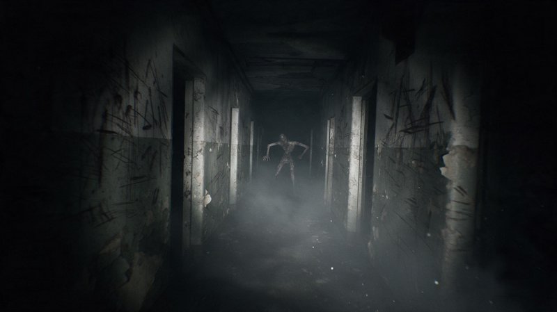 Emaciated skeletal monster lurks at the end of a foggy crumbling abandoned hallway