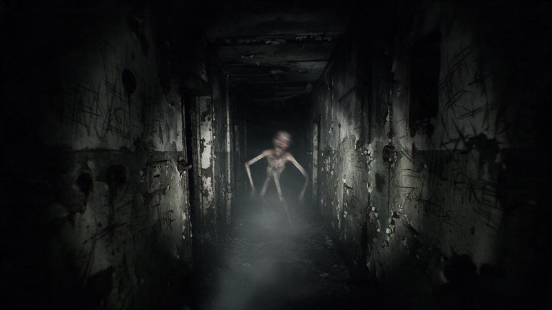 Emaciated skeletal horror creature looms in a foggy dilapidated abandoned asylum hallway