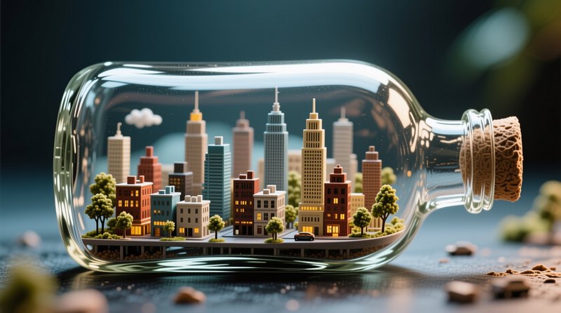 Intricate miniature city skyline diorama built inside a clear corked glass bottle