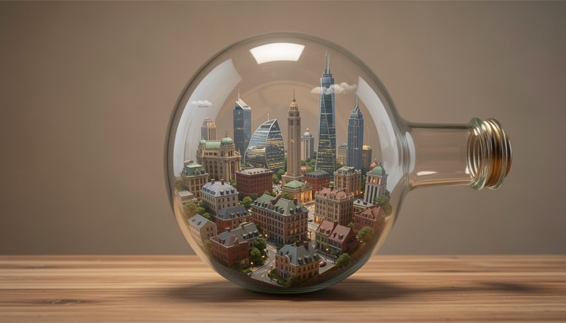 Intricate miniature cityscape held inside a clear round glass flask resting on a wooden table