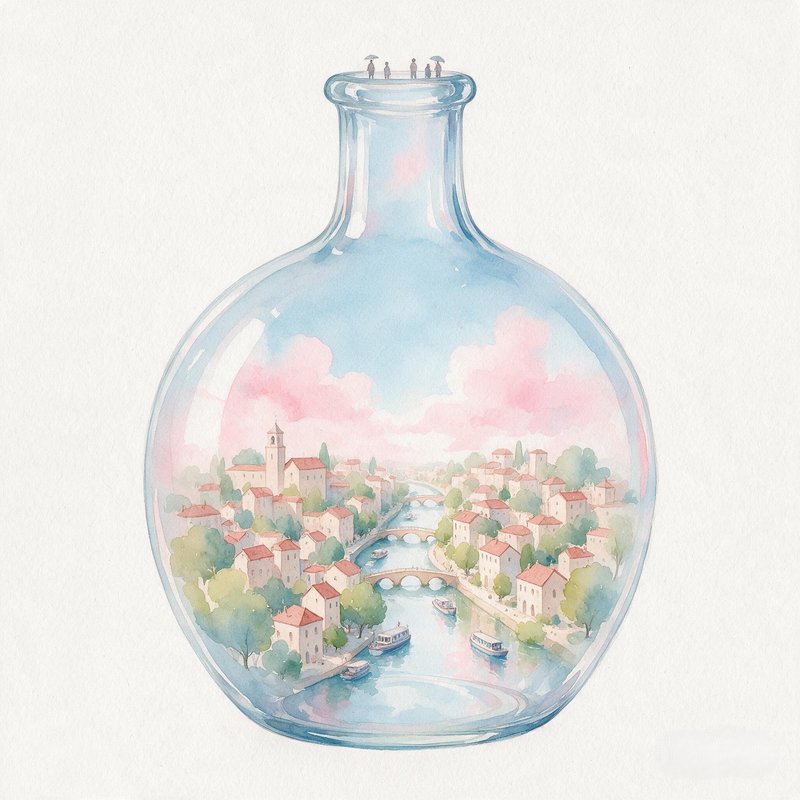 Whimsical watercolor of a miniature canal village contained inside a large clear glass bottle