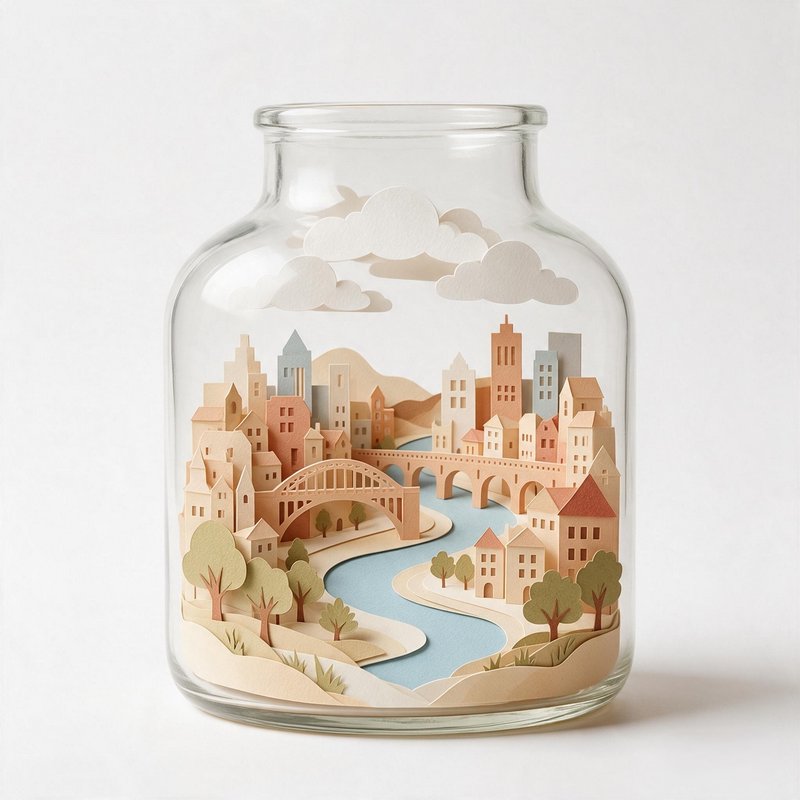 Layered paper craft miniature city landscape contained inside a clear glass jar