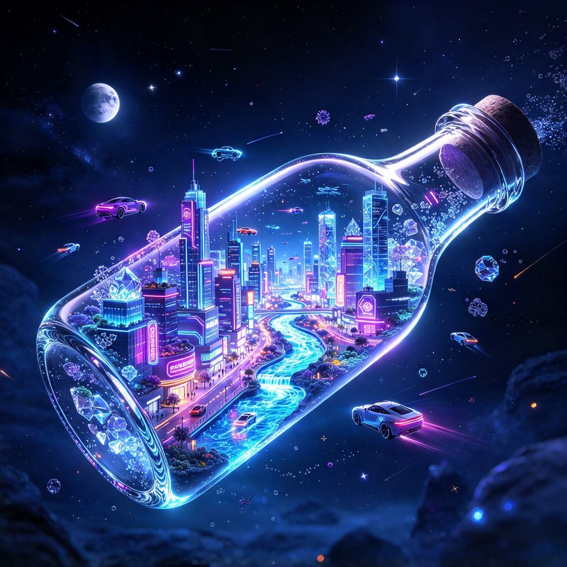 Futuristic neon cyberpunk city contained inside a floating glass bottle set against outer space