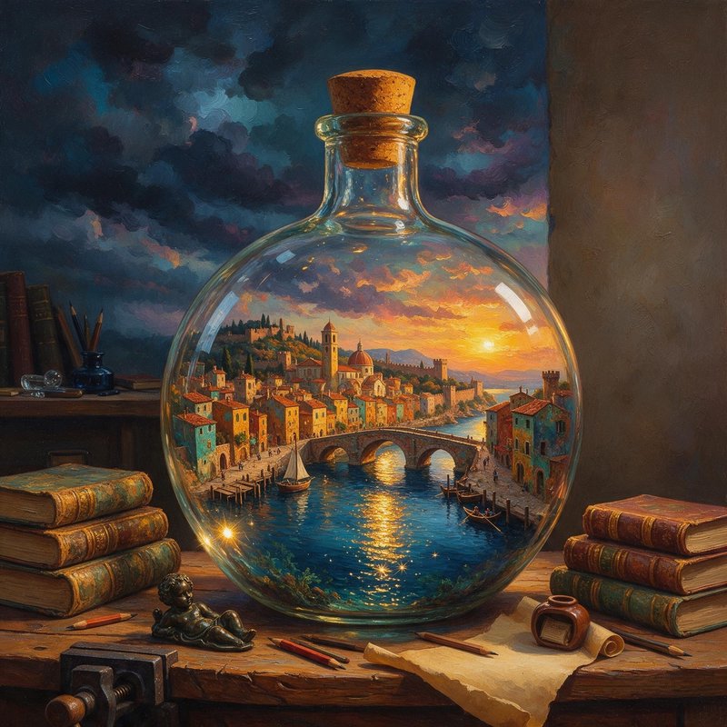 Magical corked glass bottle holding a tiny sunlit Mediterranean coastal town sits on an artist desk