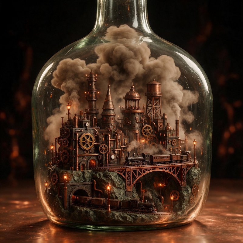 Intricate steampunk miniature industrial city with trains and smoke contained inside a clear glass bottle