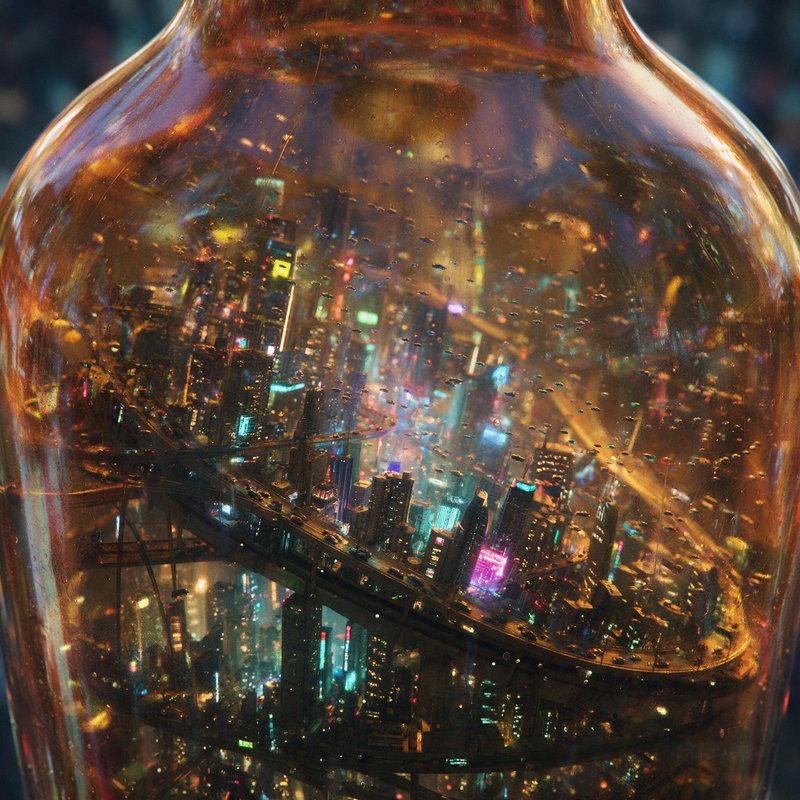 Intricate neon-lit cyberpunk cityscape contained inside a glossy amber glass bottle