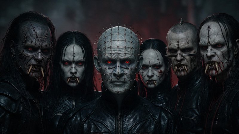Lineup of menacing pierced horror figures including a pinhead-style character stare directly at the viewer