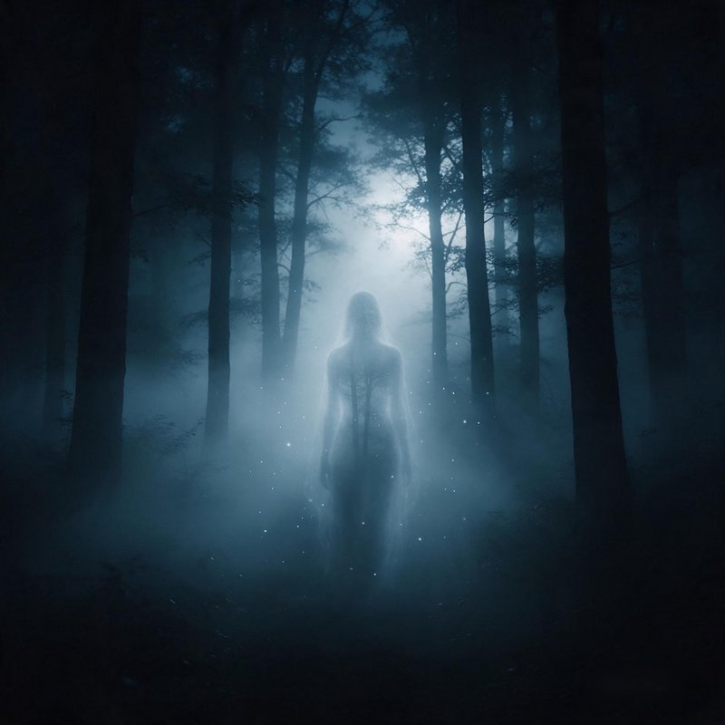 Glowing translucent ghostly spirit stands in a foggy moonlit dark forest