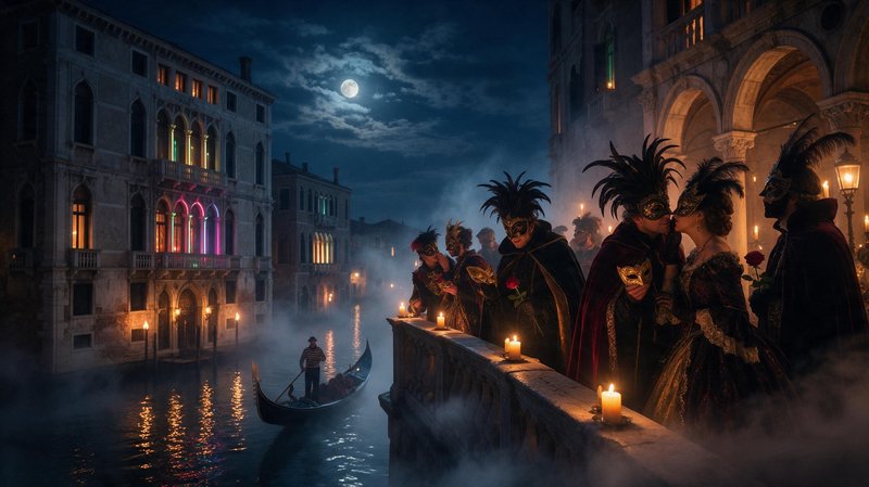 Masquerade party guests stand on a foggy Venice canal bridge under a full moon as a gondola glides below