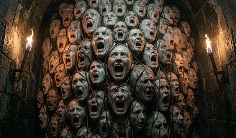 Dense wall of tangled screaming anguished faces fills a torch-lit stone dungeon archway