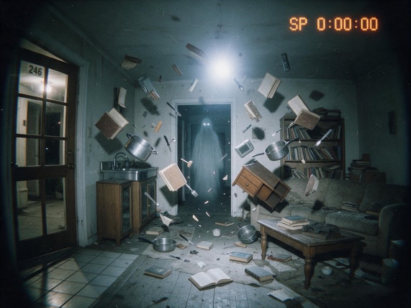 Translucent ghost stands in a doorway as household items float mid-air inside a dim haunted apartment