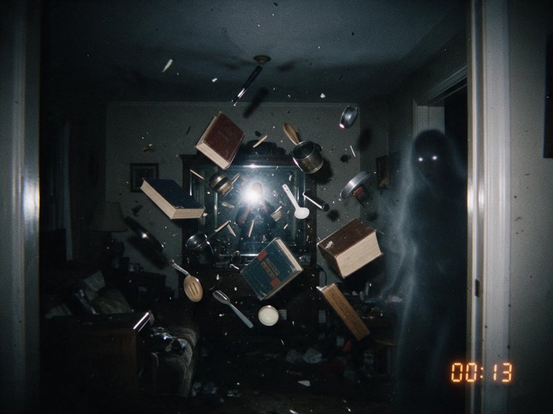 Shadowy glowing-eyed ghost looms in a dark room as household items float mid-air from poltergeist activity