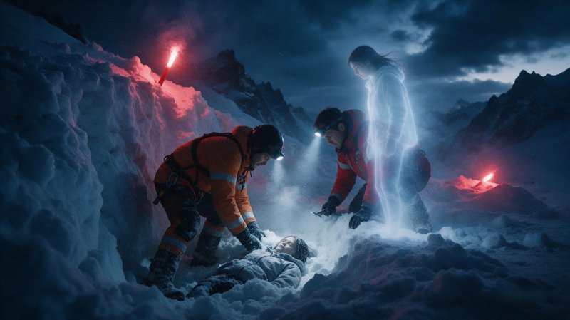 Mountain rescuers attend an avalanche victim as a glowing translucent spirit hovers nearby on a dark snowy alpine slope