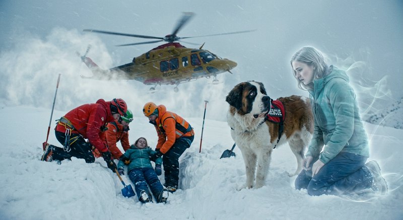 Mountain rescue team tends to an avalanche victim beside a St Bernard dog, glowing spirit woman, and hovering rescue