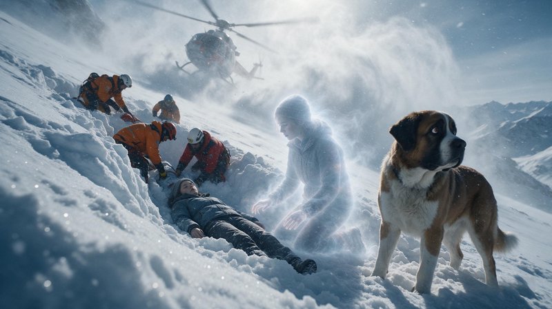Saint Bernard stands watch as rescuers tend to an avalanche victim, glowing spirit nearby and rescue helicopter overhead