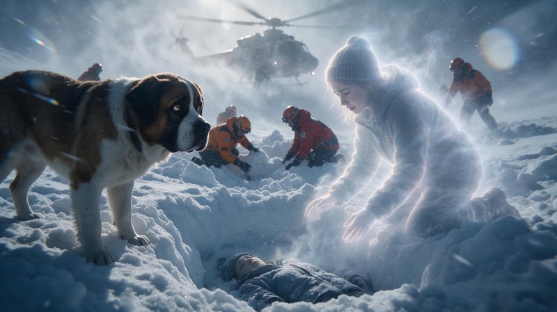 St. Bernard stands beside rescue crews and a glowing spirit tending to an avalanche victim in a blowing snowy blizzard