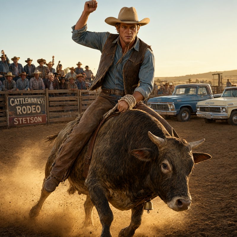 Cowboy bull rider holds tight to a bucking brindle bull during a golden hour outdoor rodeo event