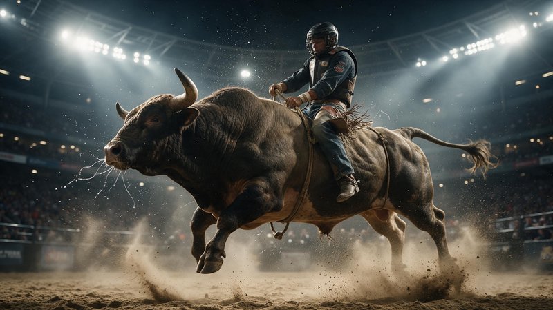 Bull rider grips a rope as a powerful bucking bull leaps inside a lit indoor rodeo arena