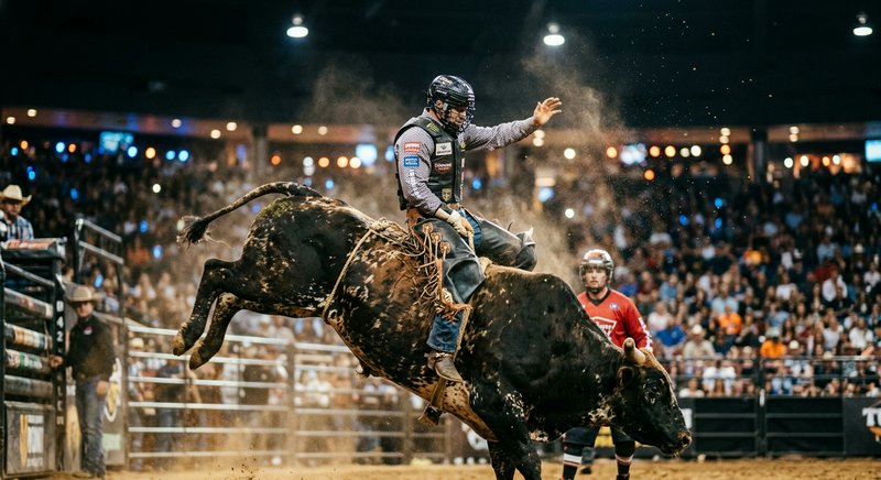 Helmeted bull rider balances on a bucking spotted bull during an indoor professional rodeo