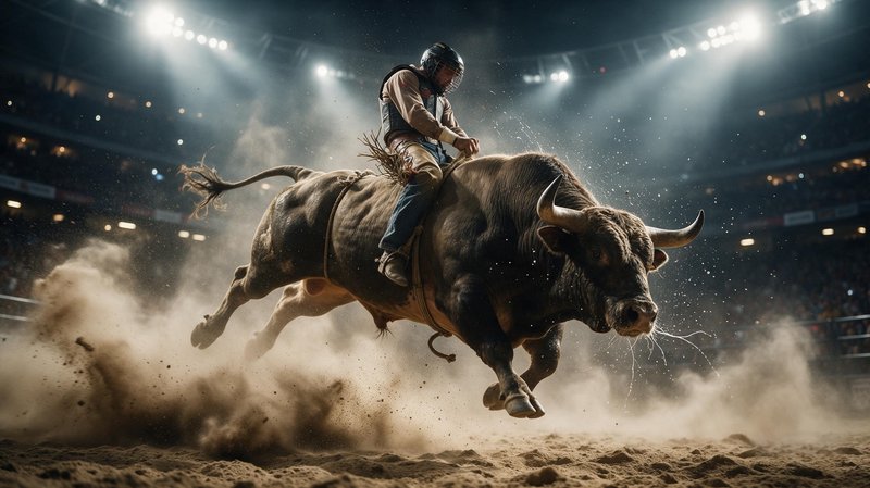 Helmeted bull rider holds steady as a powerful bucking bull kicks up dust in a lit indoor rodeo arena