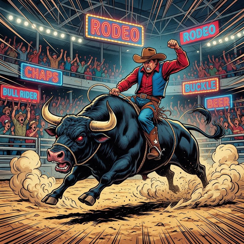 Cowboy bull rider stays mounted on a bucking black bull inside a crowded indoor rodeo arena