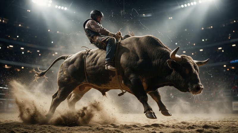 Rodeo bull rider stays mounted on a powerful bucking bull kicking up sand in a lit indoor arena