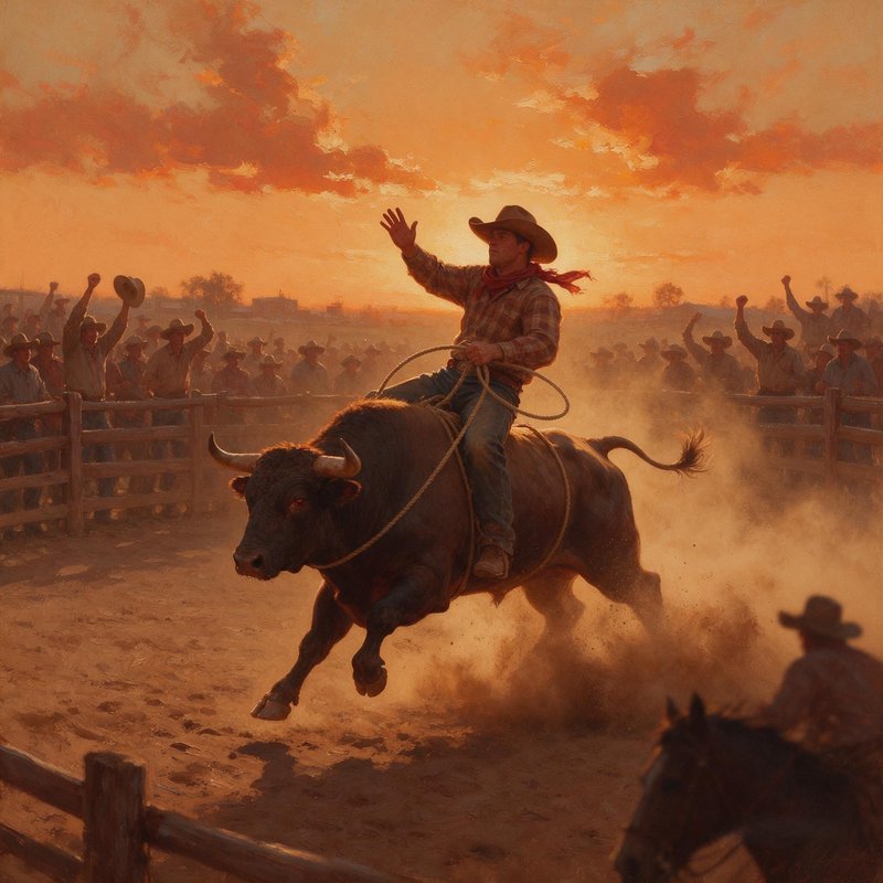 Cowboy bull riding in a dusty rodeo arena as cheering spectators watch during warm orange sunset
