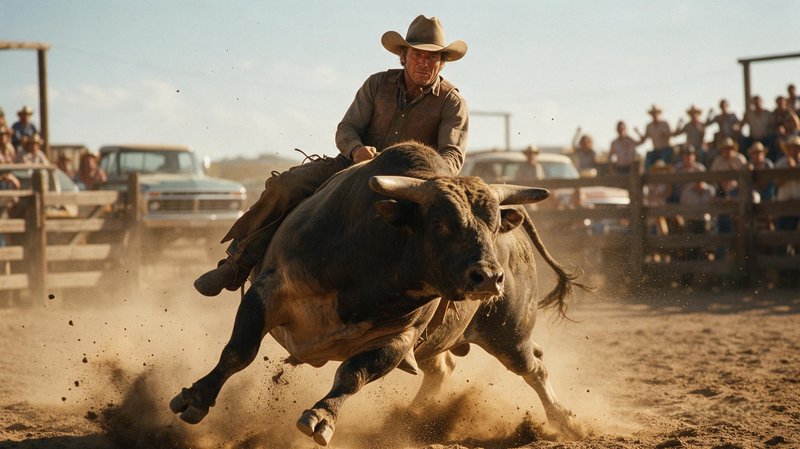 Cowboy in a wide brim hat rides a bucking bull as dust kicks up around an outdoor daytime rodeo arena