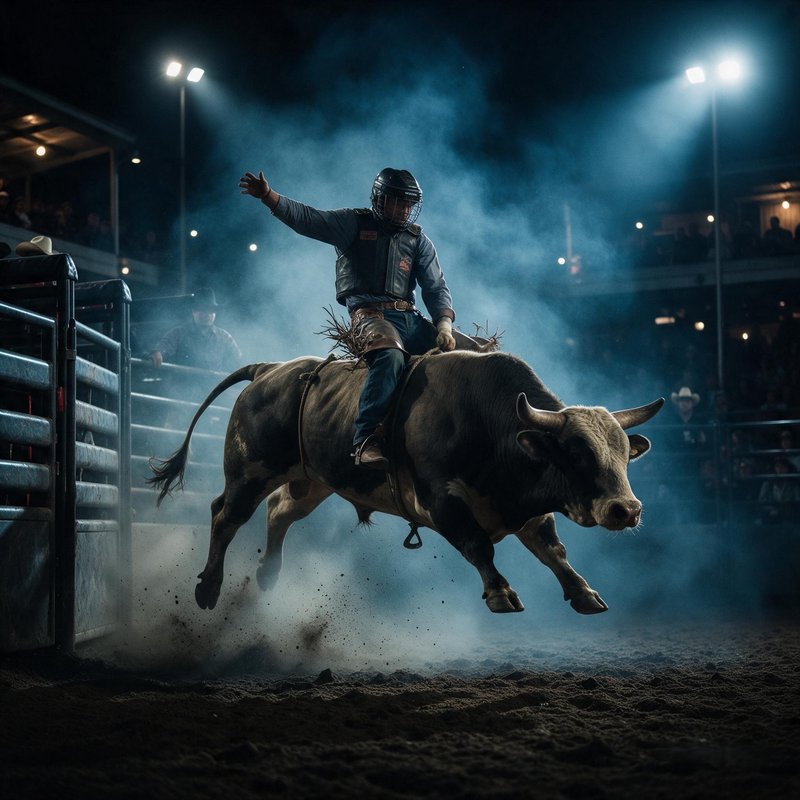 Bull rider balancing on a bucking bull under bright arena lights at a nighttime rodeo
