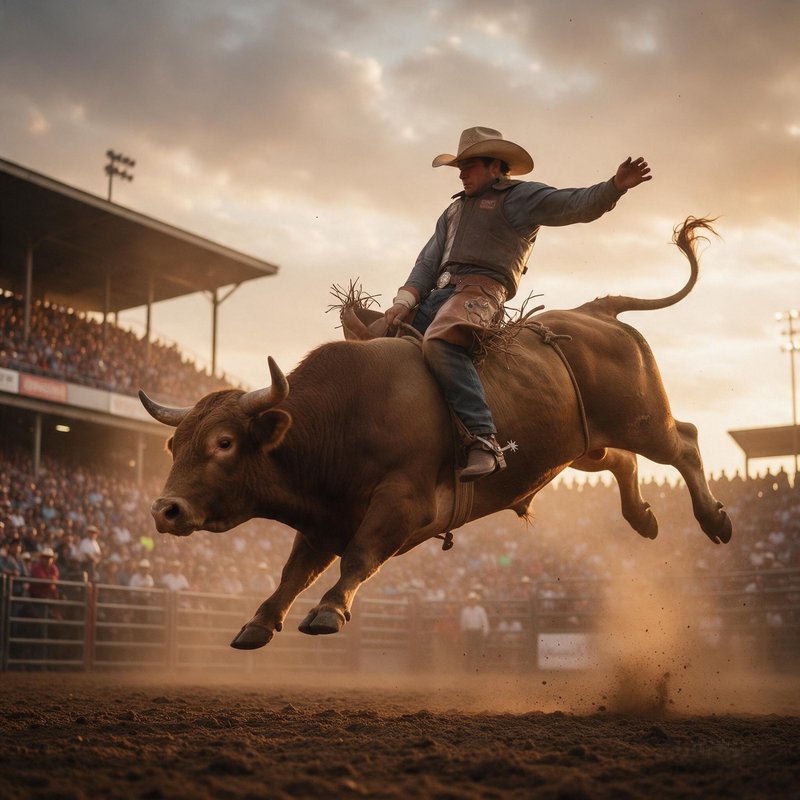 Cowboy bull rider balances on a fully airborne bucking bull in a dusty rodeo arena at golden hour.
