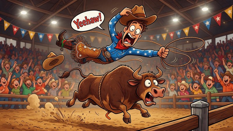 Comedic cartoon cowboy launched mid-air above a spooked bucking bull at a busy indoor rodeo