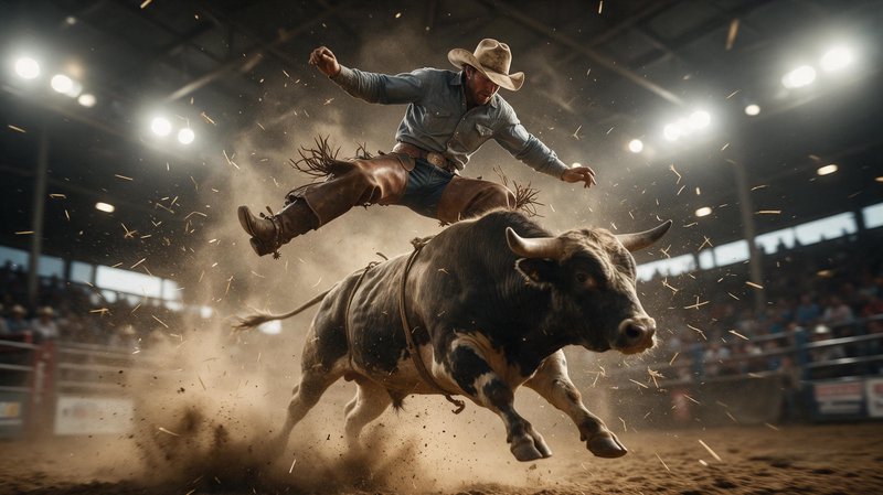 Bull rider suspended mid-air above a bucking bull during an indoor arena rodeo event