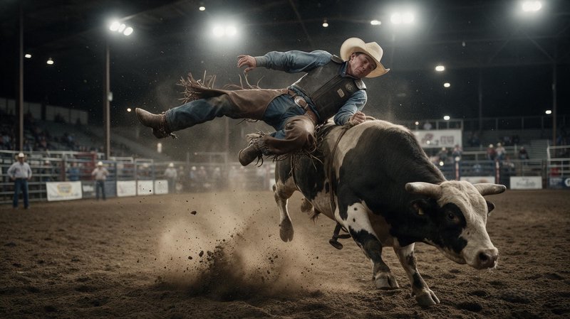 Cowboy bull rider loses his balance mid-ride on a bucking spotted bull in an indoor rodeo arena