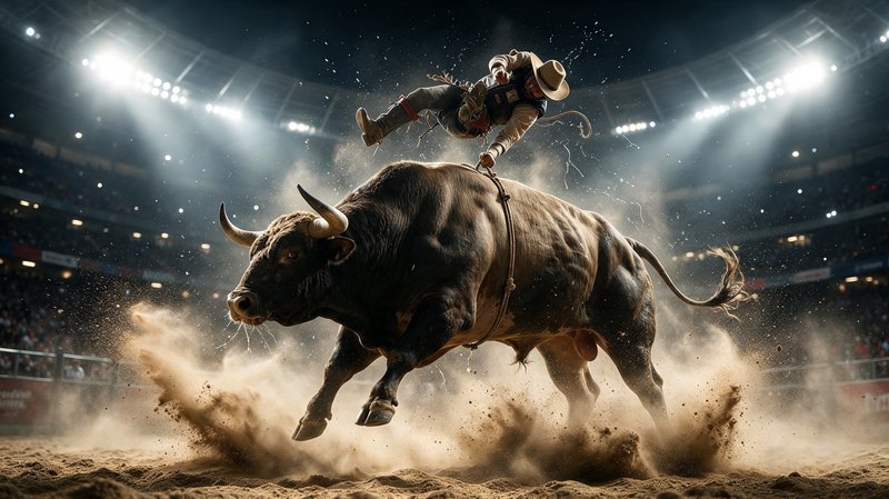 Rodeo cowboy hangs mid-air from the back of a powerful bucking bull under bright stadium arena spotlights