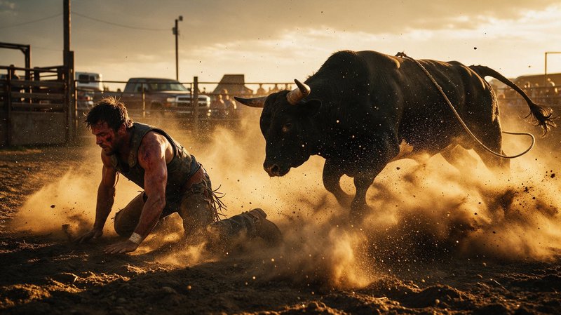 Fallen rodeo cowboy kneels in a dusty arena as a charging black bull approaches at golden sunset